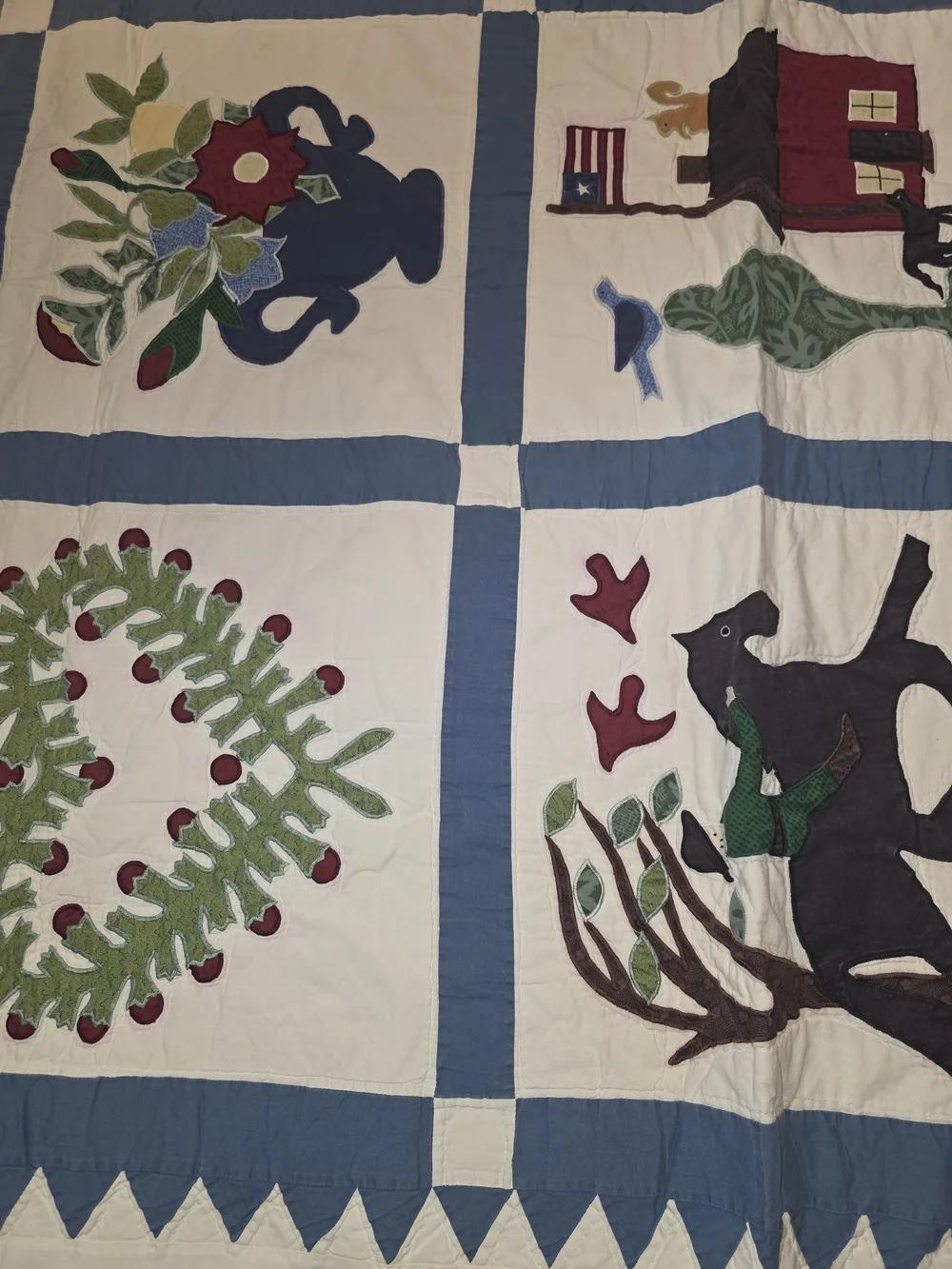 Handmade Blue & White Patchwork Quilt - Floral & Animal Motifs